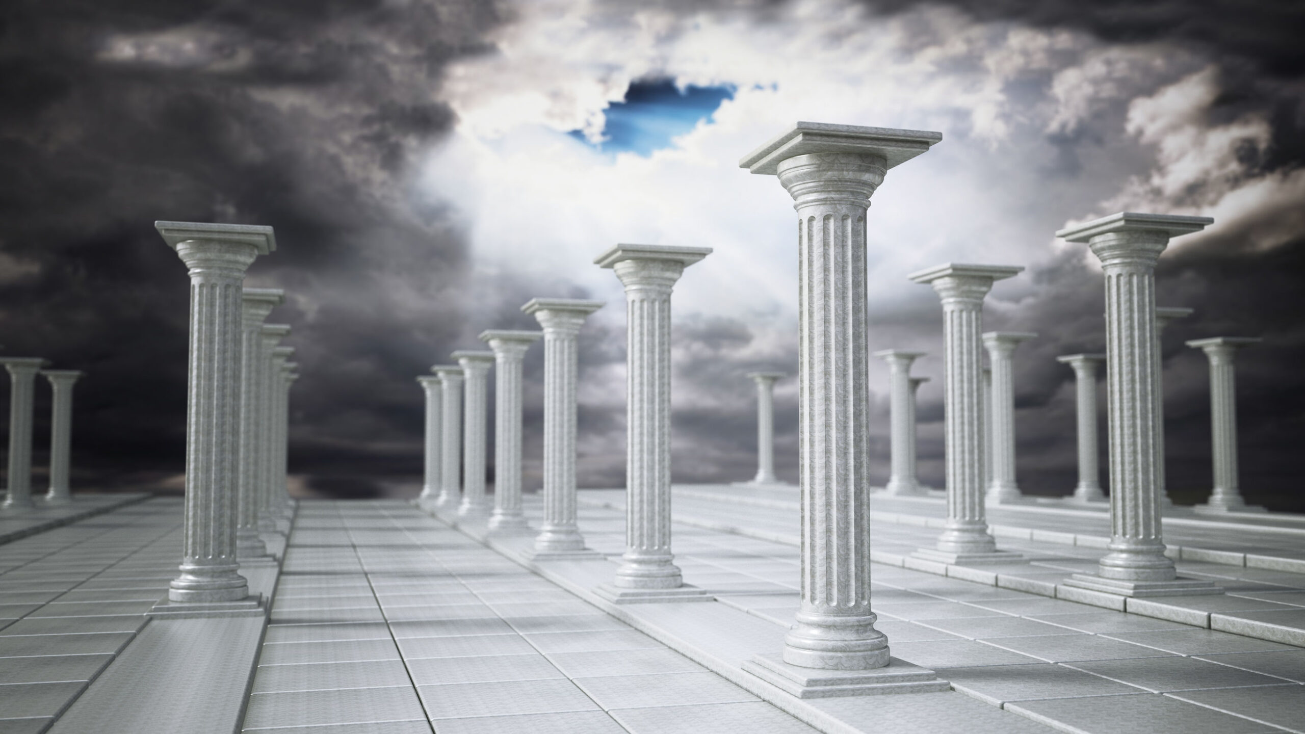 Ancient ruins of Greek pillars against overcast sky. 3D illustration.